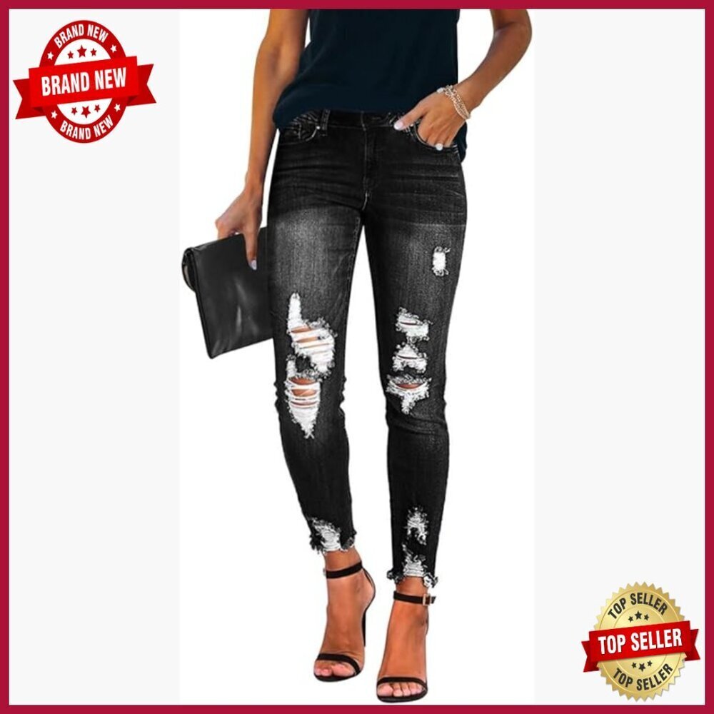 Ripped Skinny Jeans Distressed Stretchy Denim Pants Mid Rise
